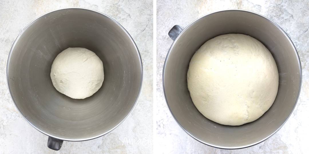 Zestawienie dwóch kadrów pokazuje ciasto na pizzę w metalowej misie przed wyrastaniem i po nim. Po prawej masa jest wyraźnie większa i bardziej napowietrzona, z gładką, sprężystą powierzchnią przygotowaną do dalszych etapów.