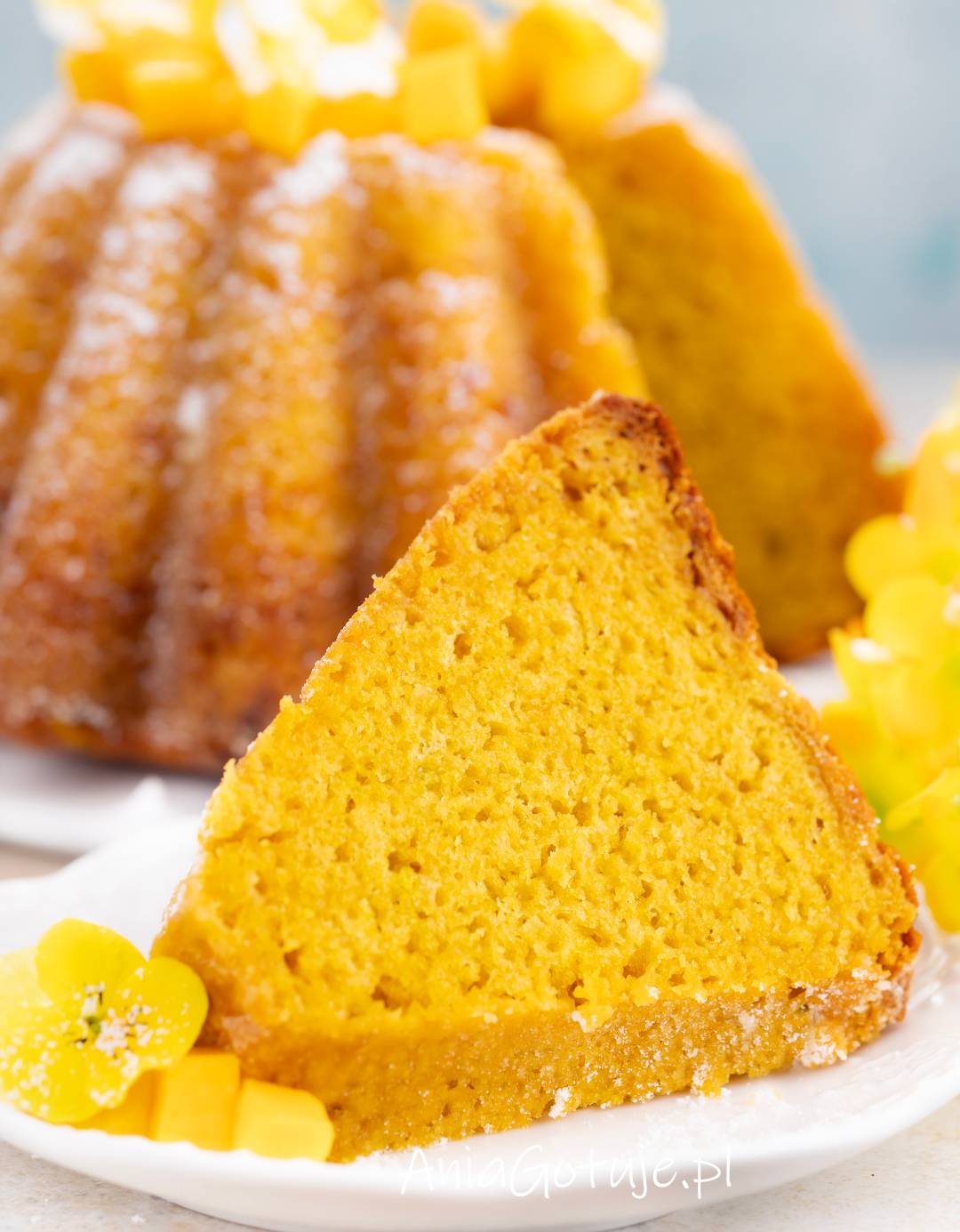 Przód kadru wypełnia gruby kawałek babki mango o intensywnie żółtym, drobnoporowatym wnętrzu i lekko przyrumienionej skórce. W tle znajduje się cała babka z delikatnym oprószeniem cukru pudru, a obok zostały ułożone jasne kawałki mango.
