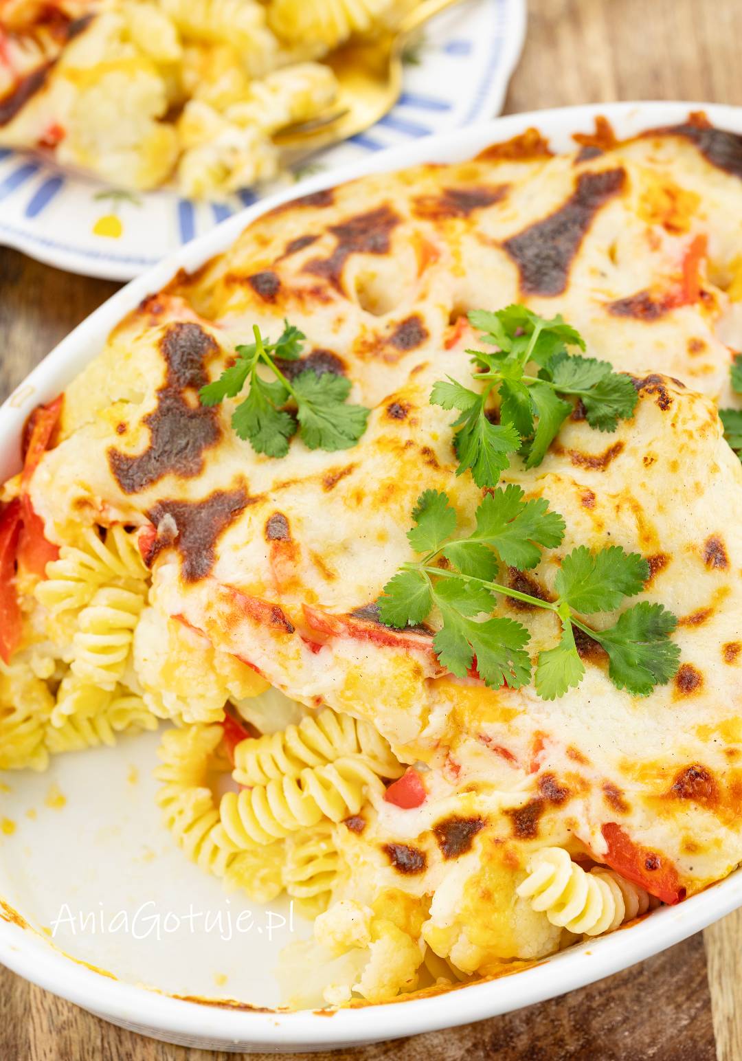 Porcja zapiekanki została pokazana w białym naczyniu, z wyraźnie zarumienioną warstwą jasnego sosu na wierzchu. Pod spodem znajduje się makaron fusilli, kawałki kalafiora i czerwonej papryki, a całość została wykończona listkami świeżej kolendry.