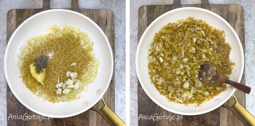 Dwuczęściowy kadr pokazuje biały garnek lub patelnię z makaronem orzo, drobno posiekaną cebulą i plasterkami czosnku. W pierwszej części składniki są dopiero dodane, a w drugiej zostały wymieszane i lekko zeszklone, z widocznym pieprzem.