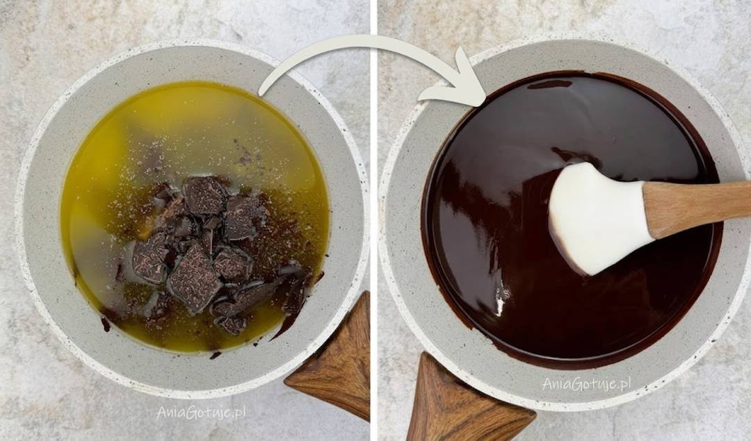 Dwa ujęcia pokazują łączenie składników brownie. W jasnych naczyniach roztopione masło otacza kawałki gorzkiej czekolady, a obok znajduje się ciemna, błyszcząca masa z jasnym fragmentem masła. To etap mieszania przed dodaniem kolejnych składników.